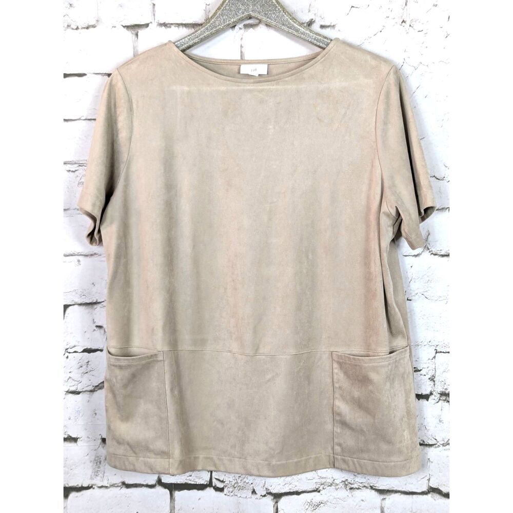 J. JILL Faux-Suede Tee Tunic Pockets Minimalist Chic Taupe Career Casual XL